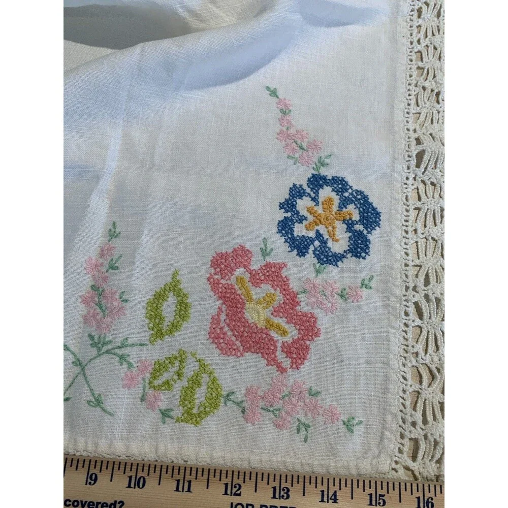 Vintage Floral embroidered dresser scarf- pale yellow